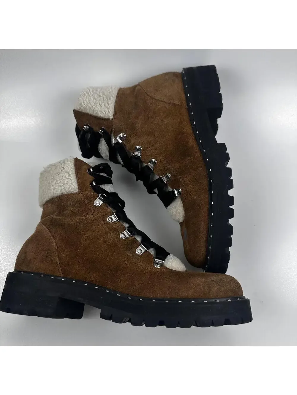 Steve Madden Receptive Hiking Boots Womens 10 BrownSuede Faux Fur Lug Sole Studs